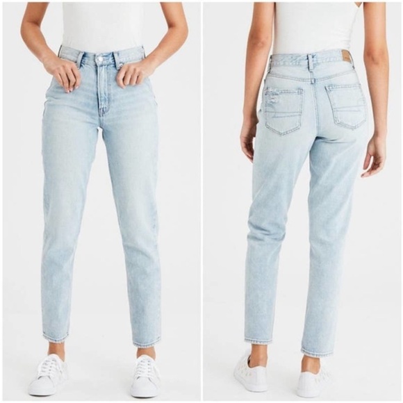 American Eagle Jeans AEO High Rise Mom Size 4 Regular Light Wash Distressed Blue - Picture 1 of 14